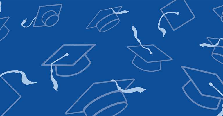 line art of mortar boards against a blue background