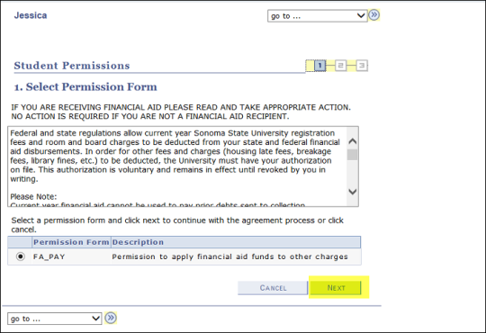 Authorization to apply financial aid screenshot
