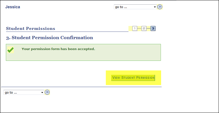 Screen shot of acceptance message and View Student Permission box.