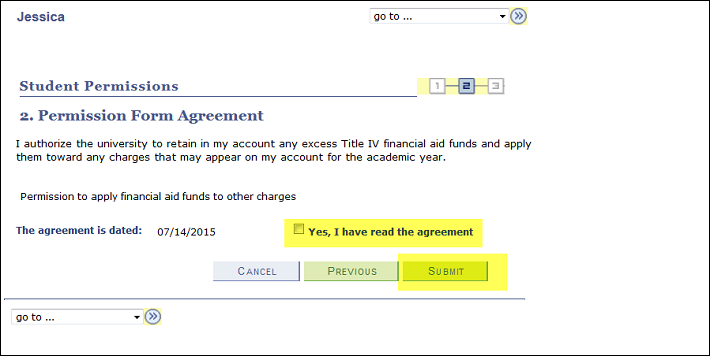Screen shot of agreement box and submit button.