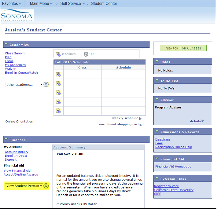 Screen shot of View Student Permissions drop down box.