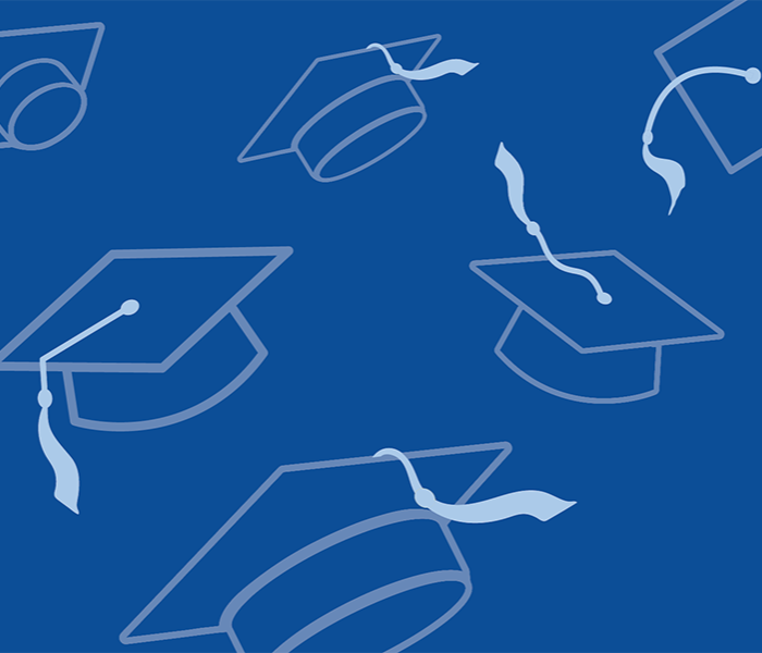 line art of mortar boards against a blue background