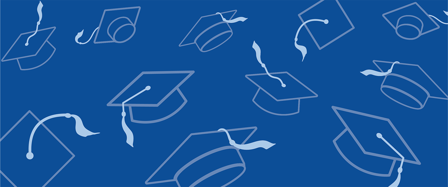 line art of mortar boards against a blue background
